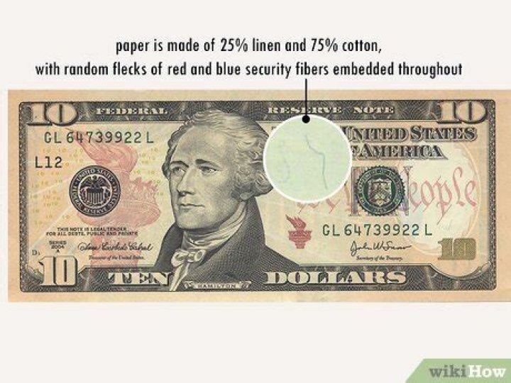 Does real money have red and blue fibers?