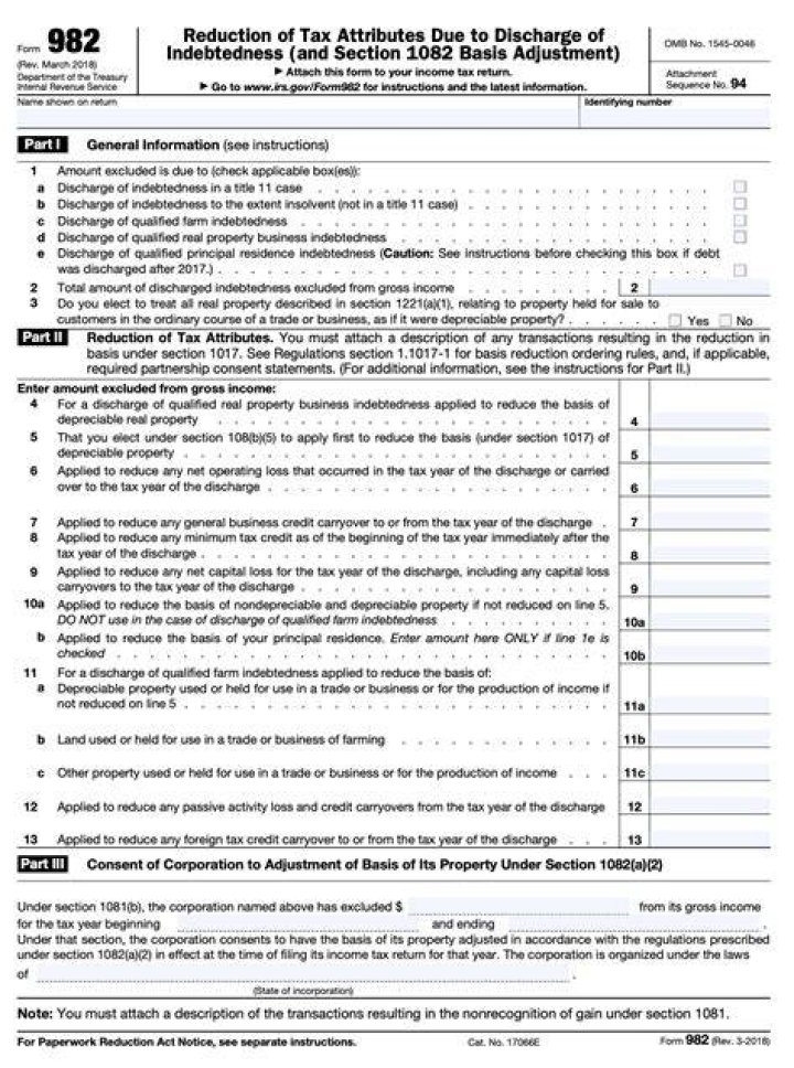 How do I fill out Form 982 for credit card debt?