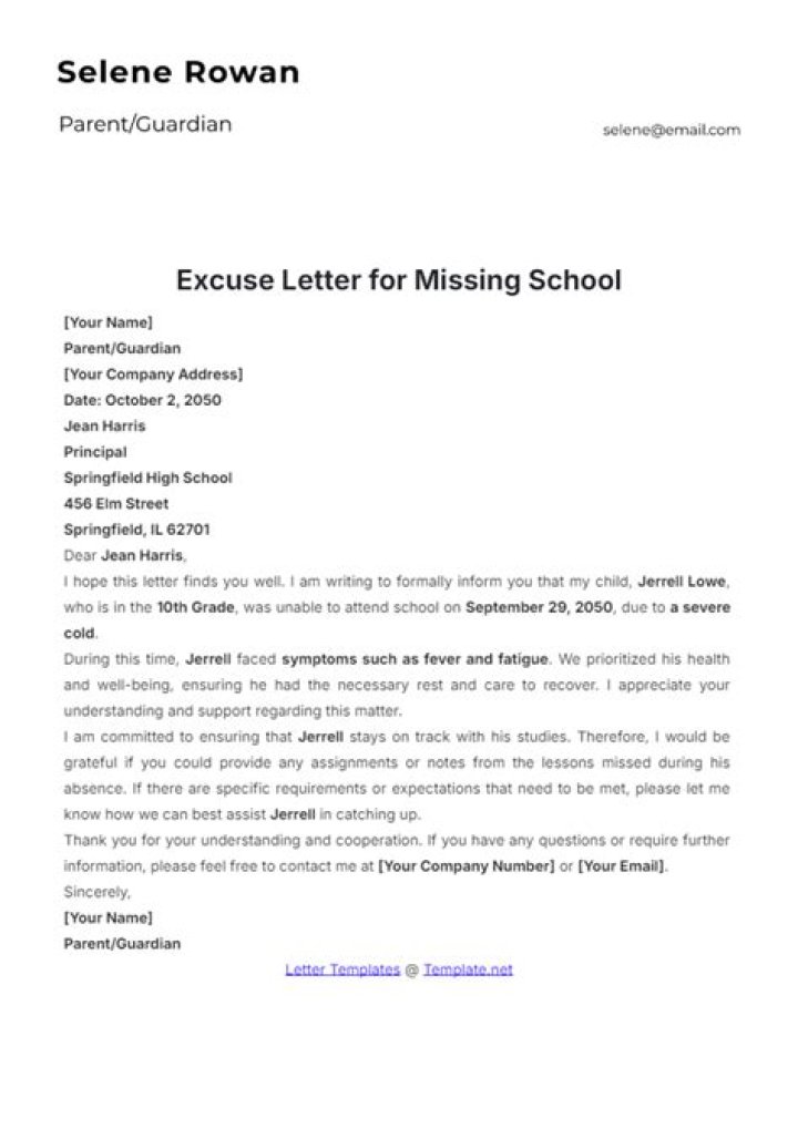 How do I write a letter of excuse for missing school?