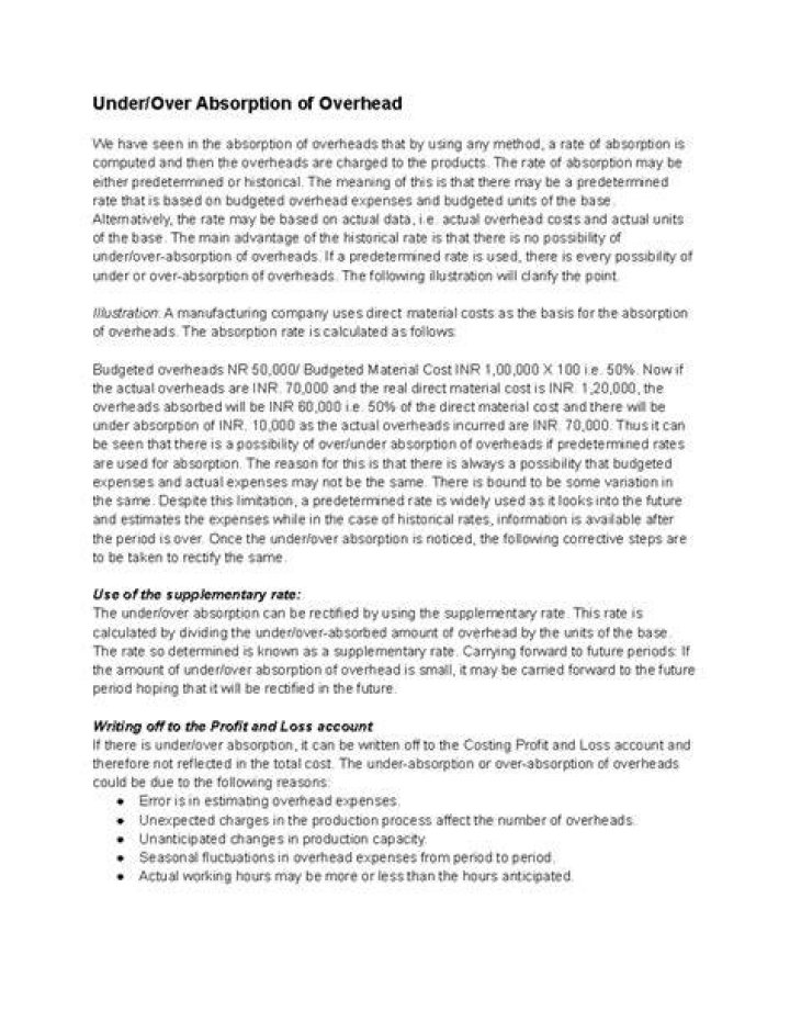 What is under-absorption of overhead How is it treated in accounting?